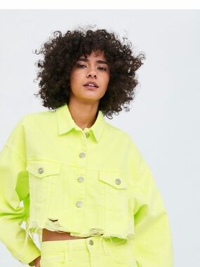 Zara Neon Yellow Cropped Denim Jacket - Women